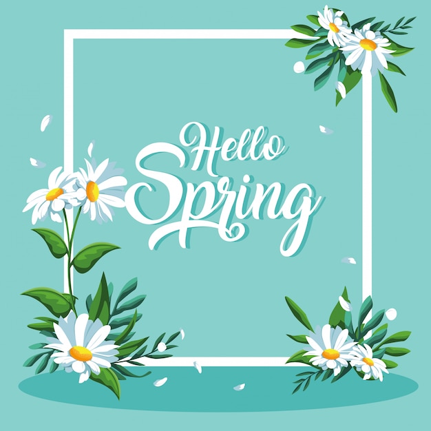 Hello spring card with beautiful flowers in frame