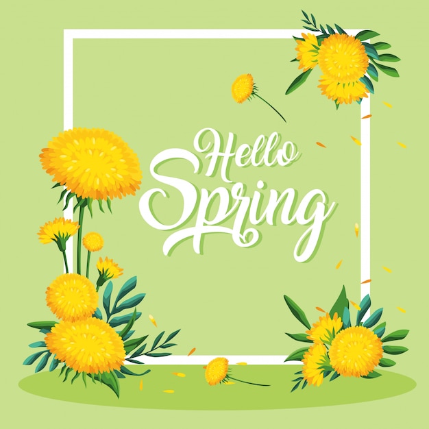 Hello spring card with beautiful flowers in frame