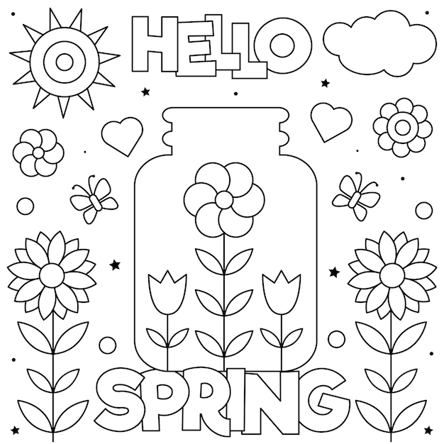 Hello Spring. Coloring page. Black and white