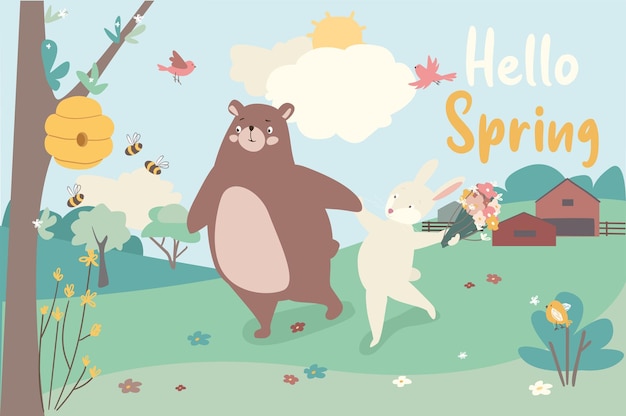 Hello spring concept background Cute animals greeting springtime Bunnies hold Easter eggs birds