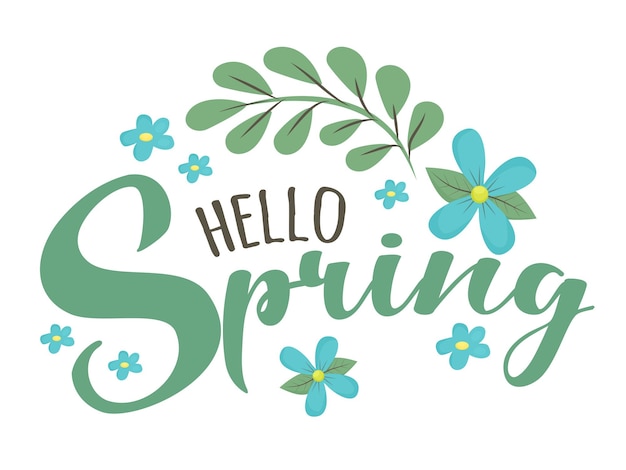 Hello Spring  cute script lettering text Greeting for spring season March simple floral elements