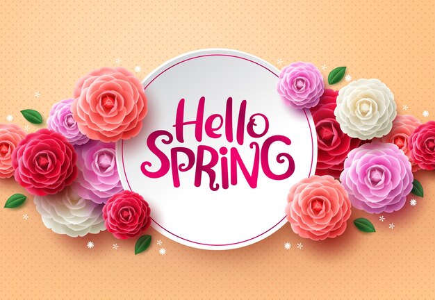 Hello spring flowers vector background. Hello spring greeting text in white space and colorful camellia flowers.