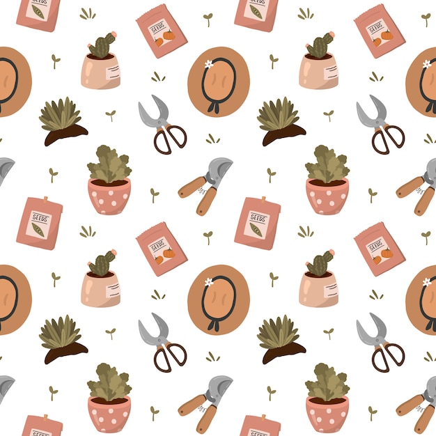 Hello spring and gardening. Seamless pattern with Gardening tools, flowers, plants in pots and other cute garden elements in flat cartoon style.