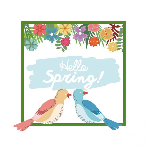 Vector hello spring greeting card bird couple flower frame garden 