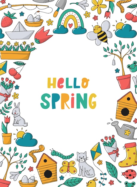 Hello Spring greeting card poster print with doodles frame