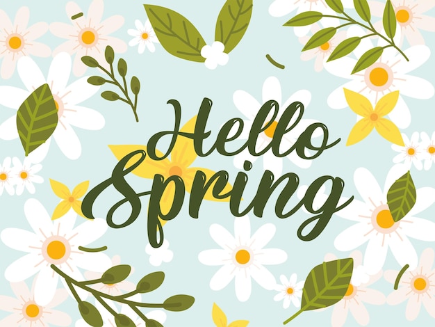 hello spring handwritten text and flowers