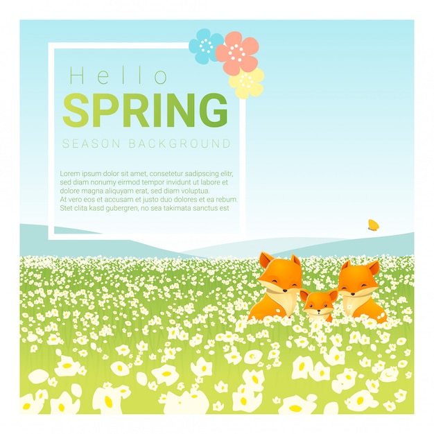 Hello spring landscape background with fox family