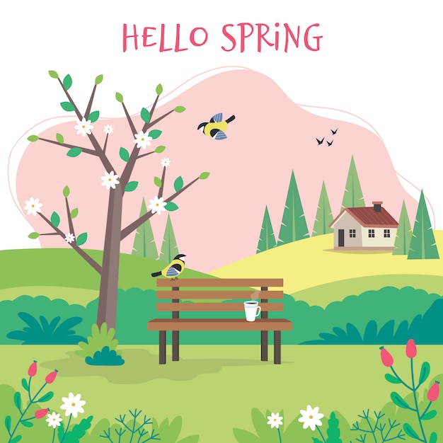 Hello spring, landscape with bench, flourishing tree, house, fields and nature.