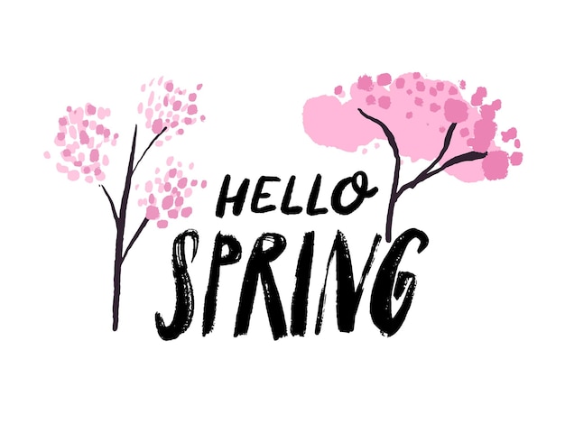 Hello spring lettering and hand drawn pink blooming sakura trees Vector banner for cards and social media design