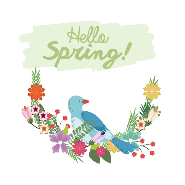 Vector hello spring lettering with bird flower branch botanical poster