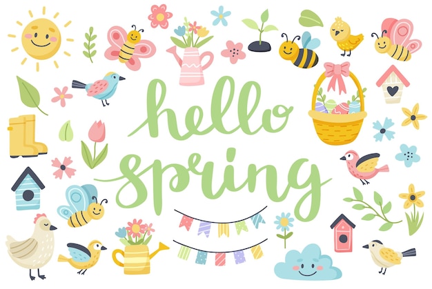 Hello spring lettering with cute birds, bees, flowers, butterflies. Hand drawn flat cartoon elements.