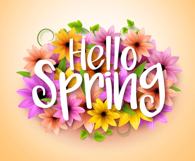 Hello Spring Poster Design in Realistic Colorful Vector Flowers Background.