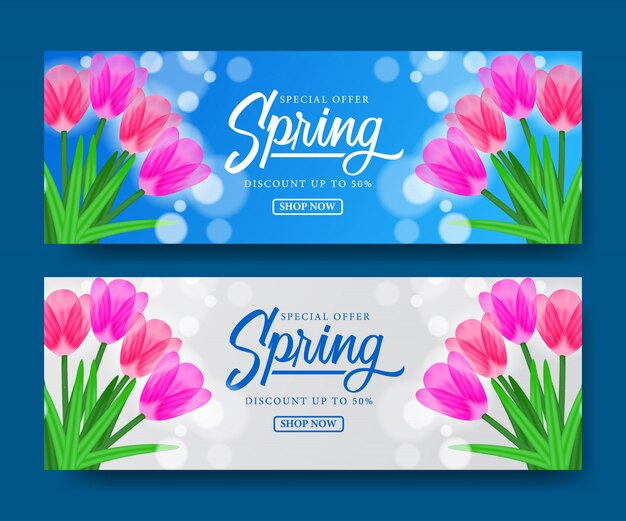 Hello spring sale voucher banner tulips blossom