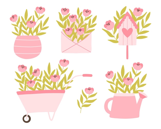 Vector hello spring set collection of spring elements watering can vase birdhouse envelope wheelbarrow with flowers lovely spring stickers with flowers vector illustration flat hand drawn style