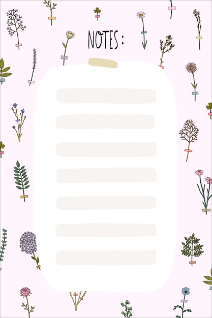 Hello Spring and Summer Planner template with cute flowers in flat outline style. Organizer with place for Notes, to do list, wish list.