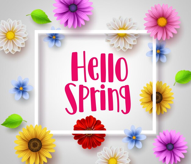 Vector hello spring vector banner design with white boarder, greeting text and colorful elements.