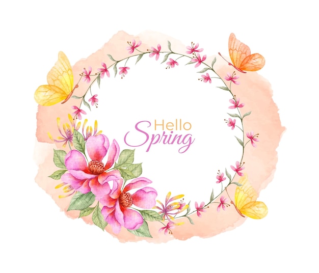 Hello spring watercolor floral frame with butterflies