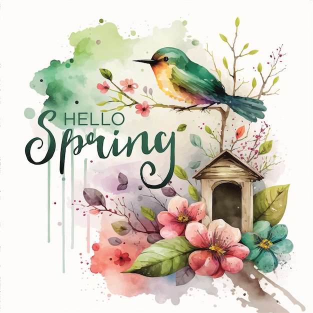 Hello Spring watercolor paint ilustration