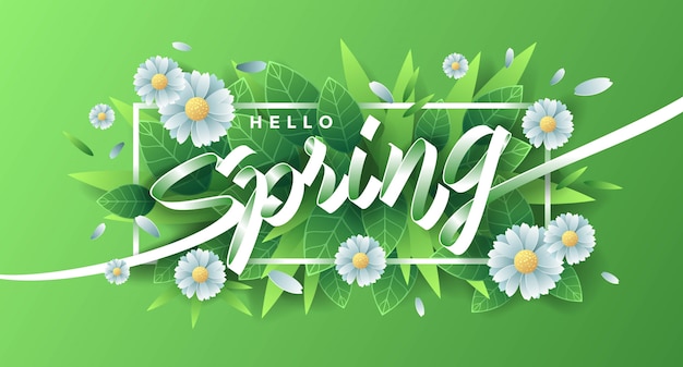 Hello Spring With Flowers And Leaves