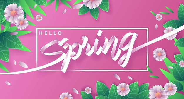 Hello Spring With Flowers And Leaves