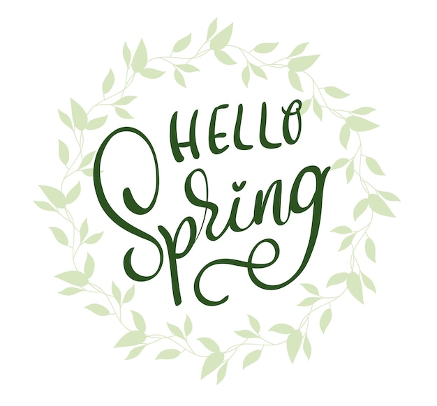 Hello Spring words on white background frame Calligraphy lettering Vector illustration EPS10