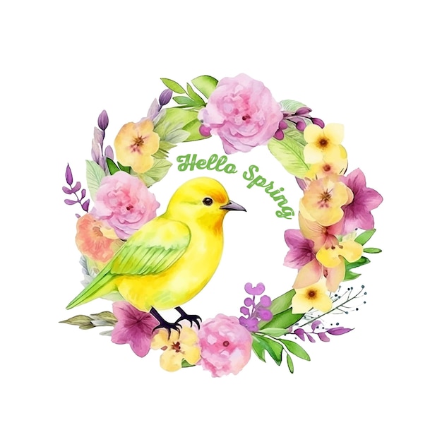 Hello spring Yellow Warbler wreath watercolor paint