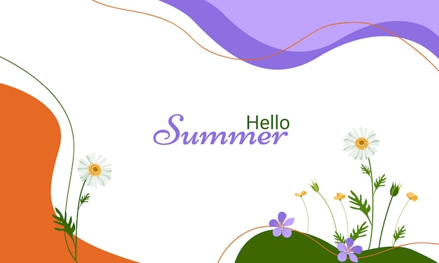 Hello Summer background lilac orange colors flowers chamomile Template Hand drawn illustration