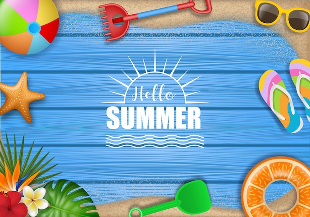 Hello summer background with beach elements on wooden background