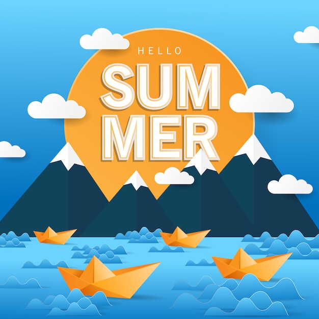 hello summer background with paper art style