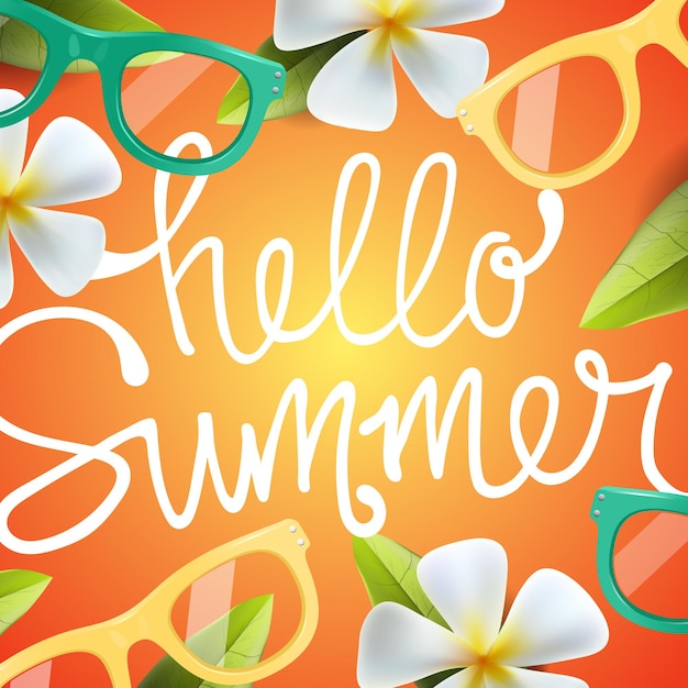 Hello summer background with tropical flowers