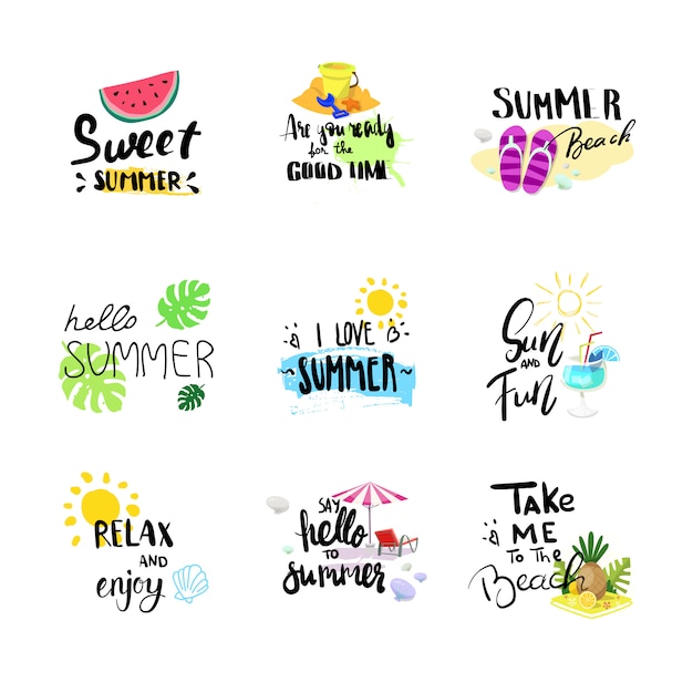 hello summer badge set isolated typographic design label, season holidays lettering for logo,templates, invitation, greeting card, prints and posters.