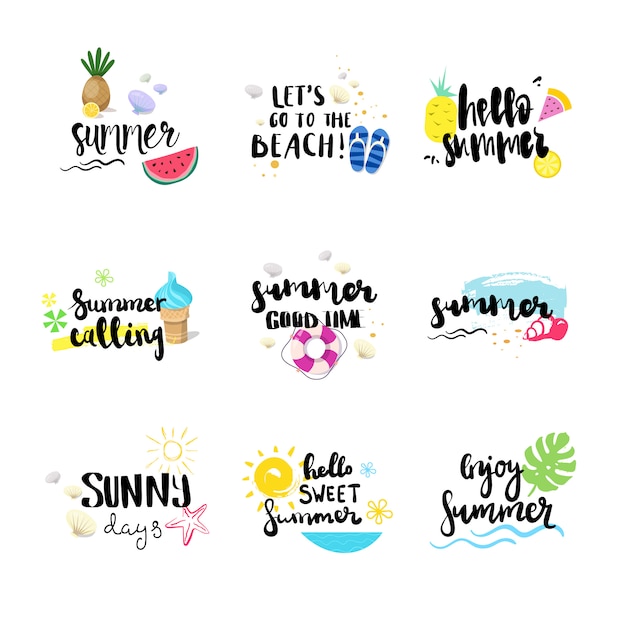 hello summer badge set isolated typographic design label, season holidays lettering for logo,templates, invitation, greeting card, prints and posters.