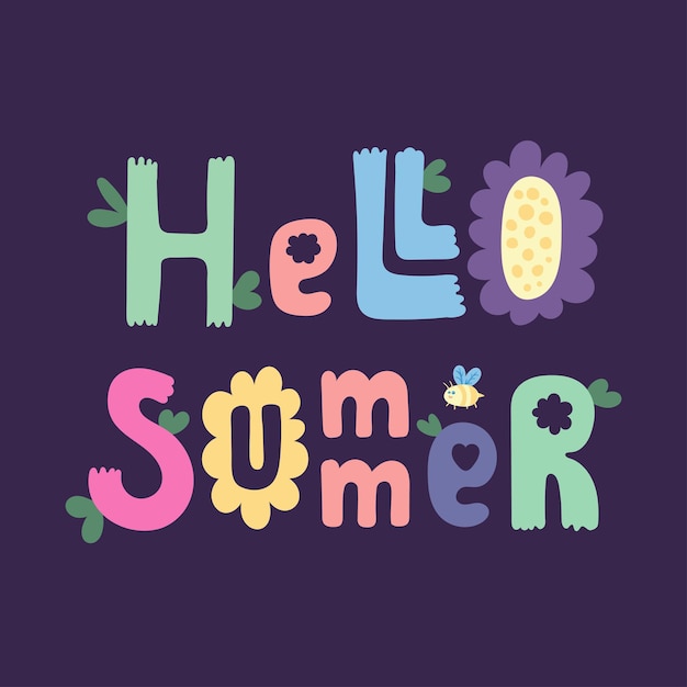 Hello Summer banner design Season vocation weekend holiday poster card header for website Summer Time cartoon vector Lettering text Colorful holiday background with flowers leaves bird bee