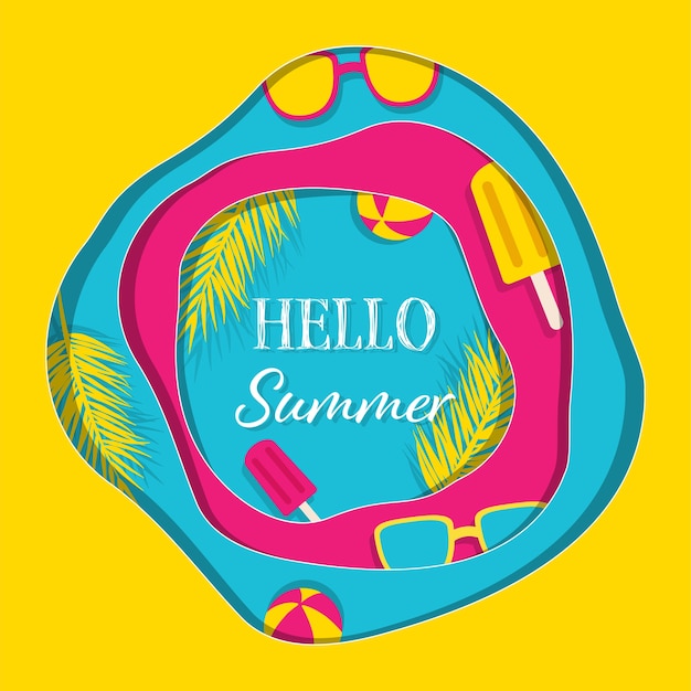 Hello Summer banner paper art design with summer elements and trendy text on colorful back