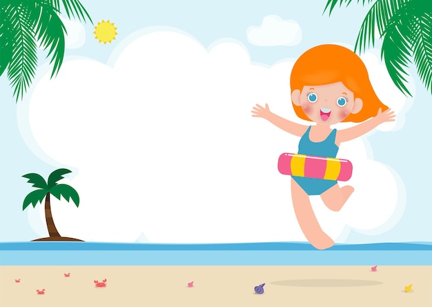 Hello summer banner template happy kids in swimming clothes with inflatable toys on beach