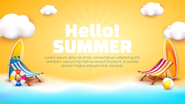 Hello Summer banner template with 3d beach