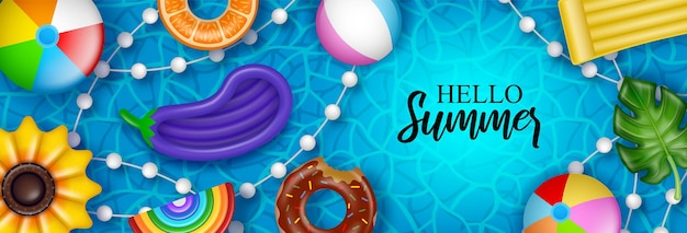 Hello summer banner with inflatable balls mattress and swimming rings on pool water background