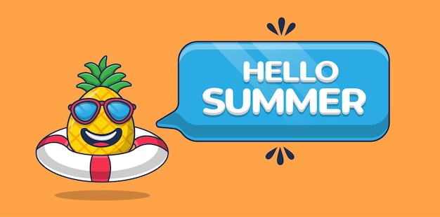 Hello summer banner with Pineapple cartoon character and swimming tire