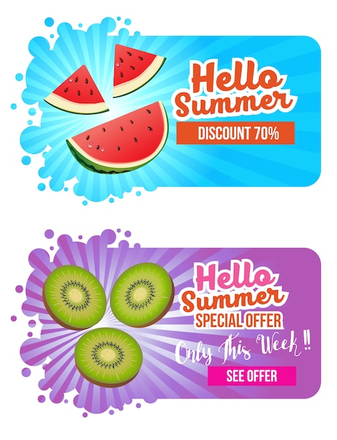 hello summer banner with watermelon and kiwi fruit