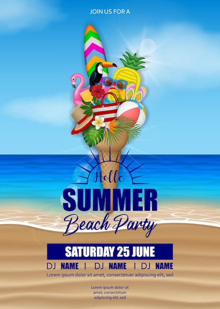 hello summer beach party poster with summer elements on beach background