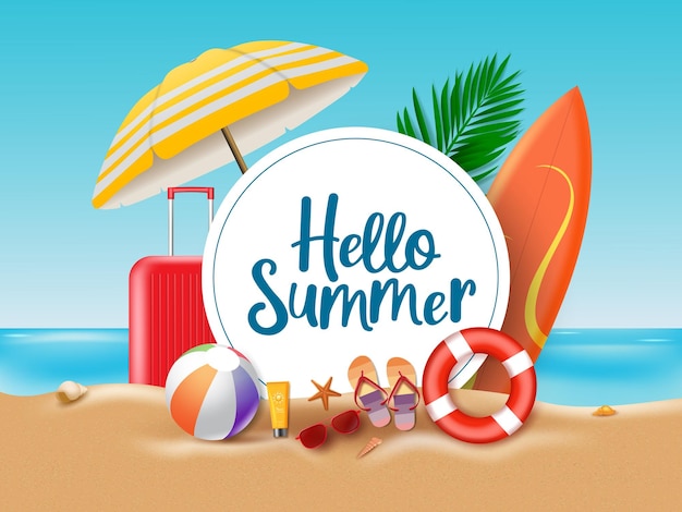 Hello summer beach vector concept Hello summer greeting text in circle white frame with colorful