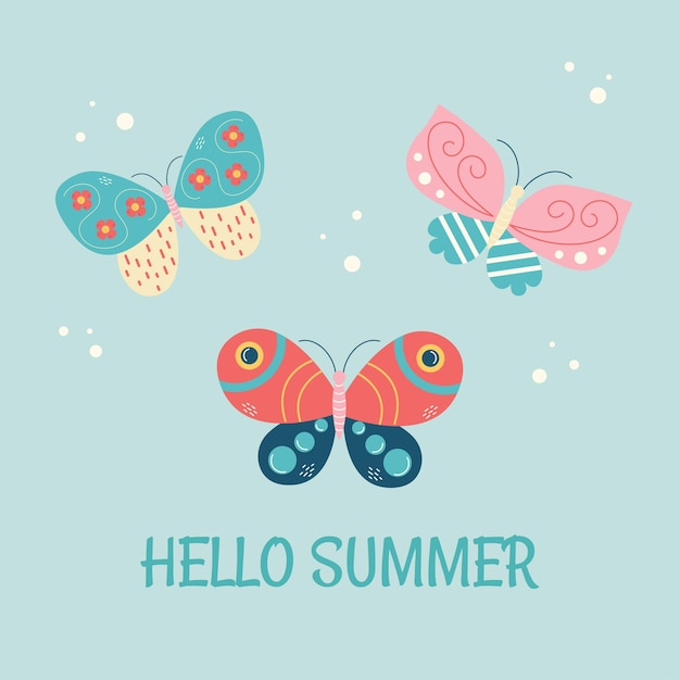 Hello summer Butterflies on blue background