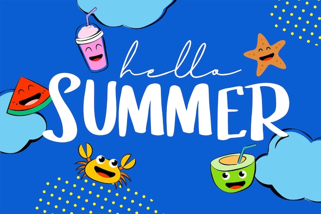 Hello summer camp poster design with fun cartoon characters