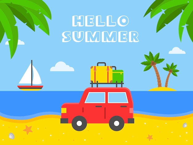 Hello Summer, Car with luggage on the beach illustration