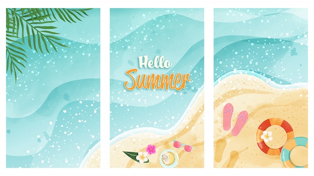 Hello Summer card set represent of watercolor beach. Top view and has copy space. Design for card, poster, gift voucher and else.