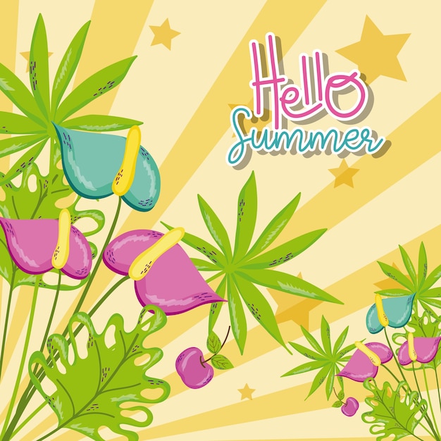 Hello summer card with cute cartoons