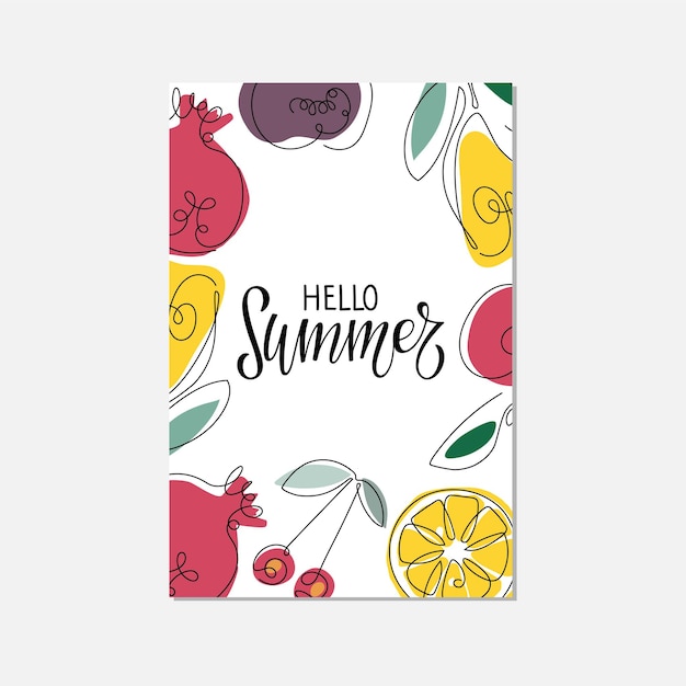 Hello Summer card with Fruit Handwritten calligraphy lettering Seasonal fruit border