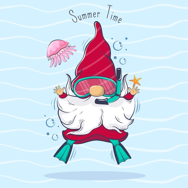 Vector hello summer cartoon cute gnome is diving around jellyfish summer time lettering