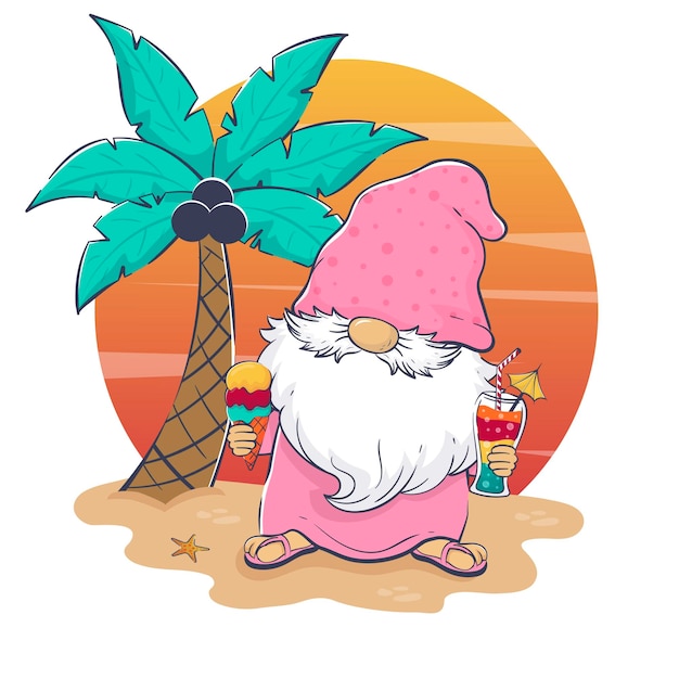 Vector hello summer cartoon cute leprechaun drinking cocktail and eating ice cream on the beach with sunset and palm tree background