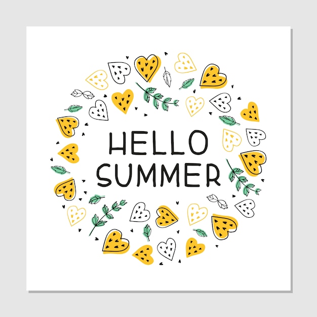 Hello summer cartoon flat hand drawn lettering. Summer beach party invitation card. Tropical fruit, hearts and mint leaves cliparts. Summer banner, T shirt, poster concept.